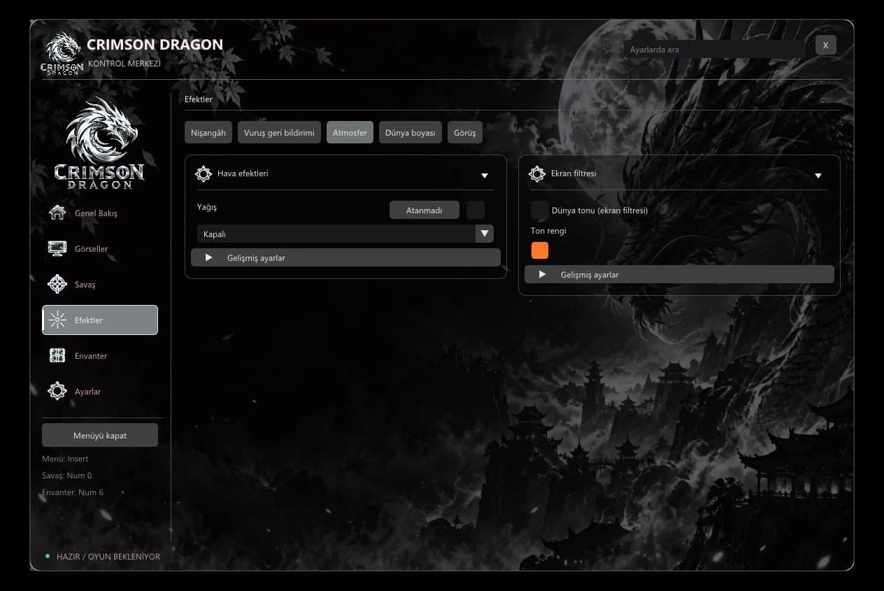 CrimsonDrake gümüş tema ve atmosfer ayarları