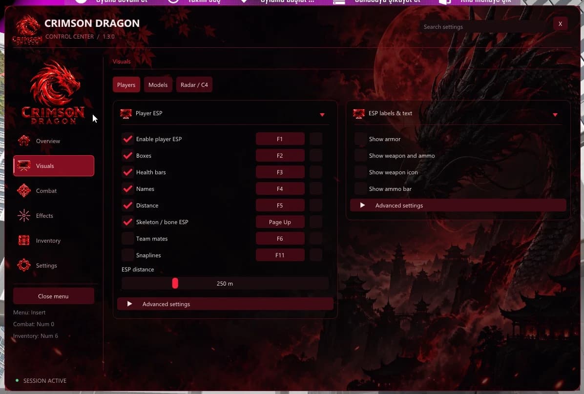 CrimsonDrake Control Center oyuncu ESP menüsü, kırmızı arayüz