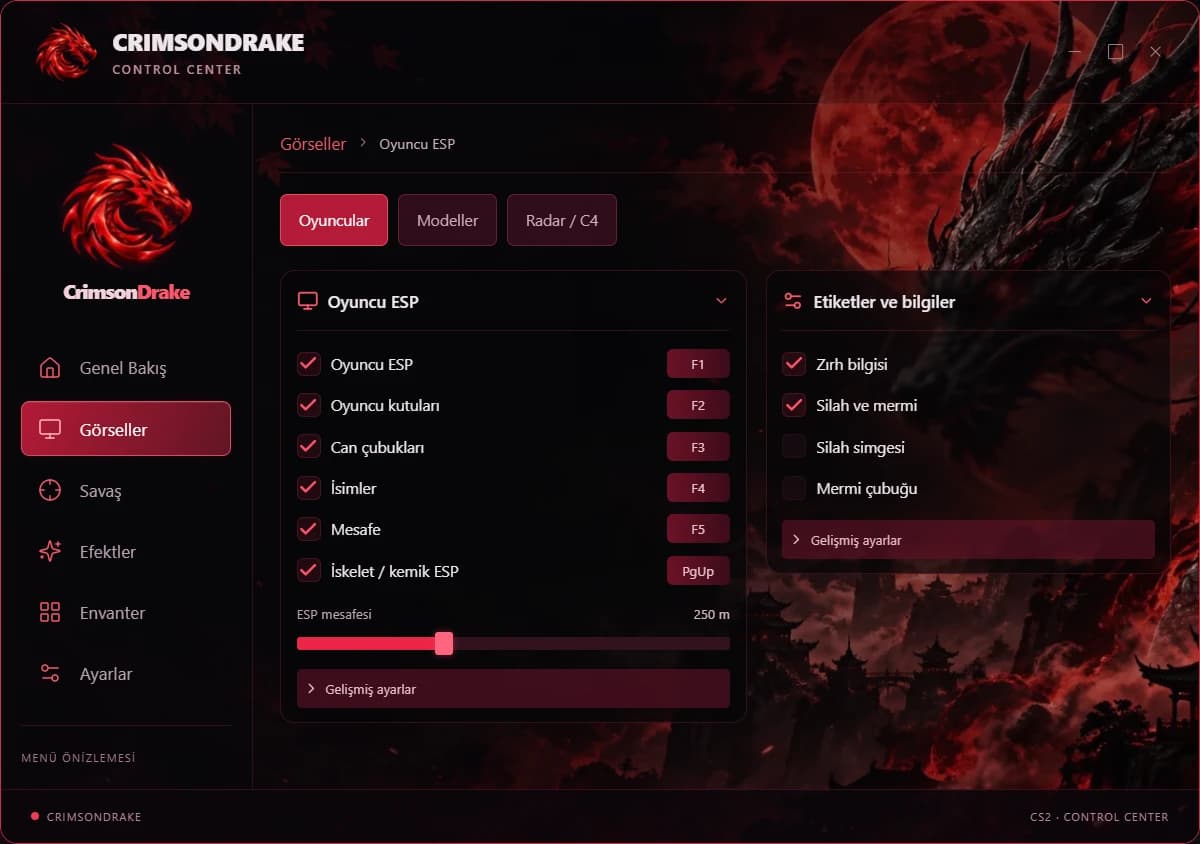 CrimsonDrake Control Center kırmızı arayüzünde oyuncu ESP ayarları